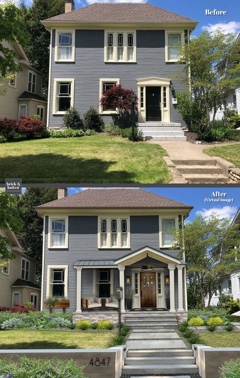 This before-and-after demonstrates how small changes can make a huge difference in your home’s curb appeal. Displaying the house numbers directly on the new retaining wall brings a modern twist to this traditional colonial-style home. Check out this list for more ideas for displaying your house numbers! #exteriordesign #curbappeal #housenumbers #address Colonial Curb Appeal Before And After, Small Colonial Front Porch Ideas, Front Porch Before And After Small, Landscaping Ideas For Colonial Homes, House Numbers On Colonial House, Colonial House Exterior Before And After, Colonial Before And After Exterior, Side Hall Colonial Exterior, Add Character To Your Home Exterior