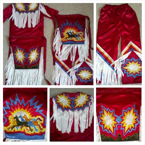 Red satin grass dance pow wow outfit Red Jingle Dress, Grass Dance Regalia, Jingle Dress Regalia, Metis Clothing, Grass Dancer, Grass Dress, Grass Dance Outfits, Native Regalia, Native Clothing