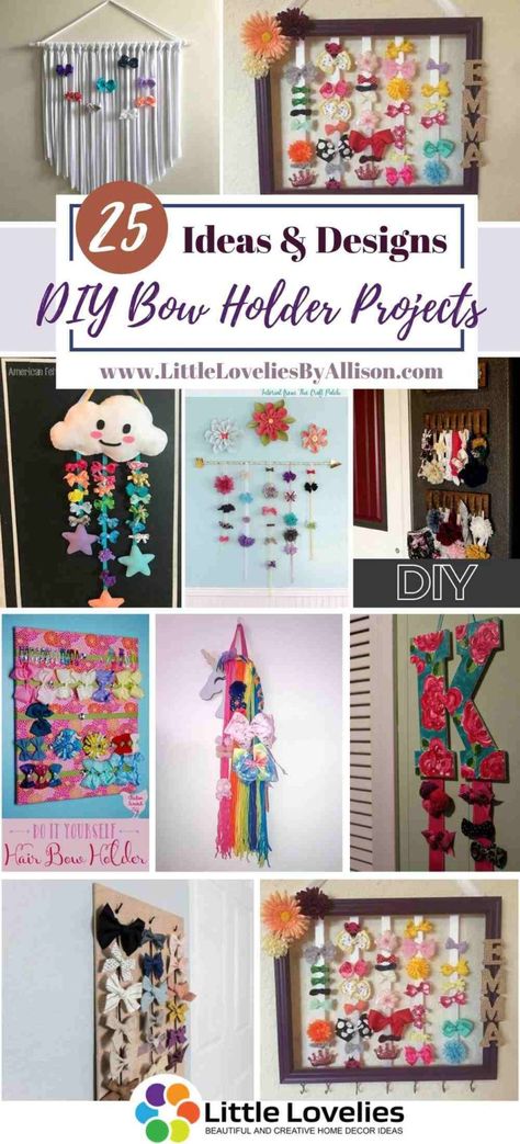 25 DIY Bow Holder Projects - How To Make A Hair Bow Holder Hair Bows Storage Ideas, Barrette Holders Ideas, Diy Bow Holder With Ribbon, Hair Bow Storage Ideas Diy, Diy Bow Clip Holder, How To Hang Bows And Headbands, Home Made Bow Holder, Diy Hair Clip Holder For Kids, Diy Barrette Holder