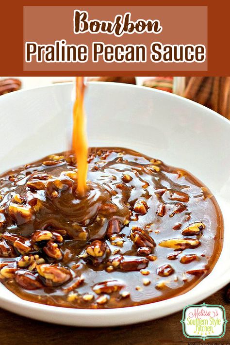 Drizzle this insanely delicious Bourbon Praline Pecan Sauce on ice cream, pound cake or use it as a dip with cookies for a dessert fondue #bourbonpralinepecansauce #bourbon #pralinepecans #caramelsauce #bourbonsauce #pecans #southernfood #southernrecipes #desserts #dessertfoodrecipes Pecan Sauce Recipe, Praline Sauce Recipe, Pecan Praline Sauce, Dessert Fondue, Praline Sauce, Pecan Sauce, Ice Cream Sauce, Praline Cake, Cream Sauce Recipe