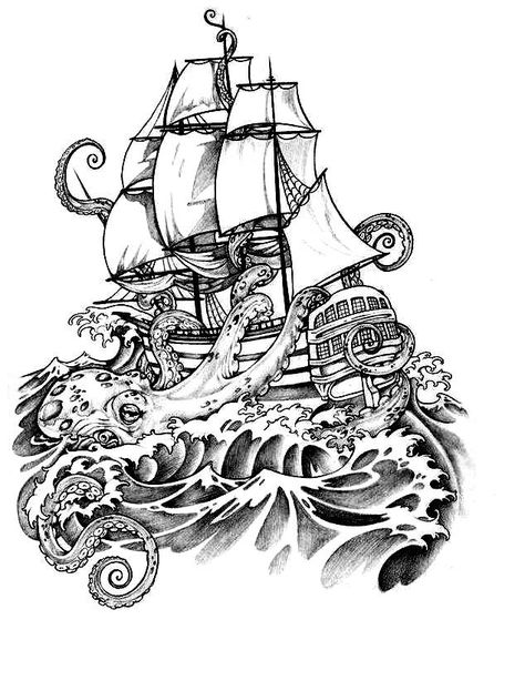 Kraken And Ship Tattoo, Kraken And Ship, Ship Tattoo Design, Kraken Tattoo, Boat Tattoo, Pirate Tattoo, Stencil Outline, Boat Drawing, Map Tattoos