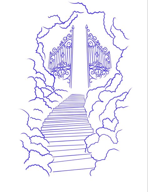 Dove And Stairs Tattoo Design, Stair Way To Heaven Tattoo Design, Latin Sleeve Tattoo, Clouds Around Name Tattoo, Filler Tattoo Ideas Gap Men Clouds, Black And Grey Tattoo Stencil, Gates Of Heaven Tattoo Design, Staircase To Heaven Tattoo Design, Steps Tattoo Design