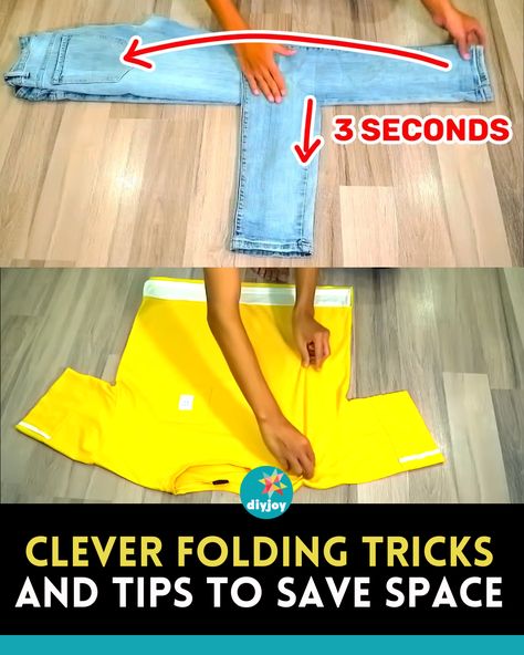 Do you need more storage for your clothes? Here are some folding hacks that will surely give you enough space to store all of them! Folding Jeans To Save Space In Drawers, Easy Ways To Fold Clothes To Save Space, Fold Tshirts Save Space, How To Fold Jeans To Save Space, How To Fold Pants To Save Space, Ways To Fold Clothes To Save Space, Folding Clothes To Save Space Travel, How To Fold Clothes, Clothes Folding Hacks