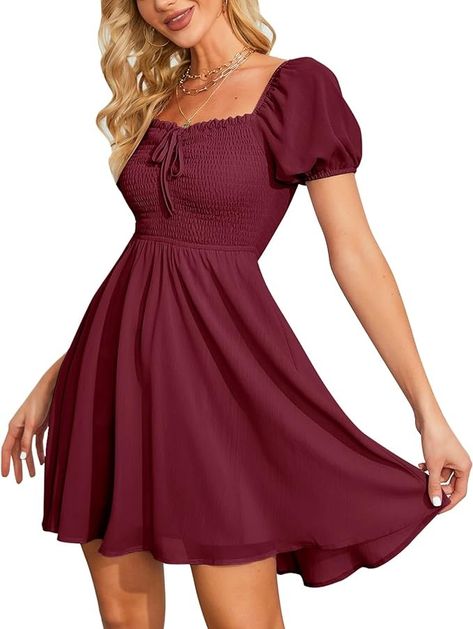 Byinns Women's Sweetheart Neckline Dress Smocked Sundress Puff Short Sleeve Drawstring Dresses Purple at Amazon Women’s Clothing store Brown Midi Dress, Sweetheart Neckline Dress, Flowy Midi Dress, Drawstring Dresses, Short Summer Dresses, Neckline Dress, Ruffle Sleeve Dress, Sweetheart Dress, Short Mini Dress