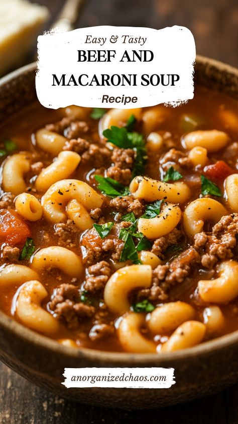 Beef and Macaroni Soup Tomato Mac Beef Soup Crockpot, Meaty Soups Recipes, Easy Soups With Hamburger Meat, Crock Pot Soup Ground Beef, Beef And Macaroni Soup Recipes, Crockpot Hamburger Soup With Noodles, Moose Soup Recipe, Frozen Meatball Soup Recipes Easy, Macaroni And Hamburger Soup