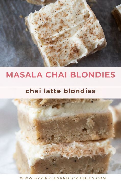 These masala chai blondies are the perfect dessert for all chai lovers – sweet chai blondie base with warm spices topped with a decadent whipped white chocolate frosting! Chai Spice Dessert, Chai Dessert Recipes, Fall Party Desserts, Chai Brownies, Chai Desserts, Chai Blondies, Chai Cake Recipe, Weeknight Desserts, Chai Breakfast