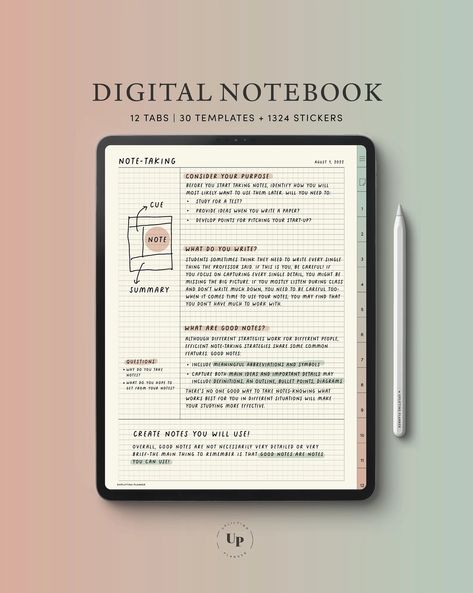 12 Tab Digital Notebook Goodnotes College Student Lecture Note - Etsy Goodnotes Template Free Study, Ipad Notes College Aesthetic, Digital Notes Aesthetic, Aesthetic Goodnotes, Free Digital Planner, Ipad Inspo, Notes School, Goodnotes Notebook, Aesthetic Ipad