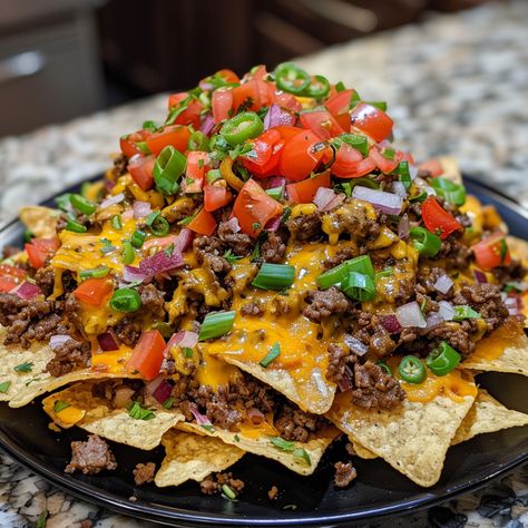 Epic Beef Nachos Supreme - Good For Recipes Best Loaded Nachos Recipe, Nacho Supreme Recipe Homemade, Zios Italian Nachos Recipe, Nacho Platter Recipes, Taco Nachos Ground Beef, Fried Quesadilla Nachos, Griddle Nachos, Meat For Nachos, Loaded Nachos Recipe Beef