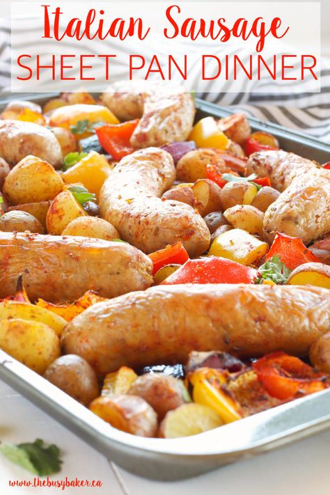 This Italian Sausage Sheet Pan Dinner is the perfect easy weeknight meal! Recipe from www.thebusybaker.ca Italian Sausage Sheet Pan Dinner, Recipes Using Italian Sausage, Sausage Sheet Pan Dinner, Sausage Sheet Pan, Beautiful Meals, Sausage Recipes For Dinner, Sausage Dinner, Baking Techniques, Italian Sausage Recipes