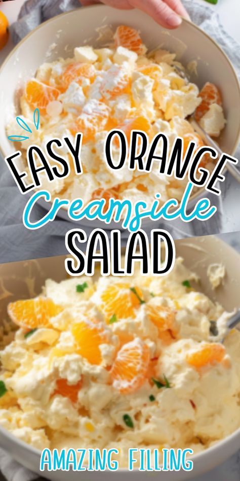 Easy Orange Creamsicle Salad Orange Creamsicle Salad, Creamsicle Salad, Potluck Appetizers, Jello Mold Recipes, Mandarin Orange Salad, Creamy Salad, Orange Dreamsicle, Mandarin Oranges, Weight Watcher Dinners