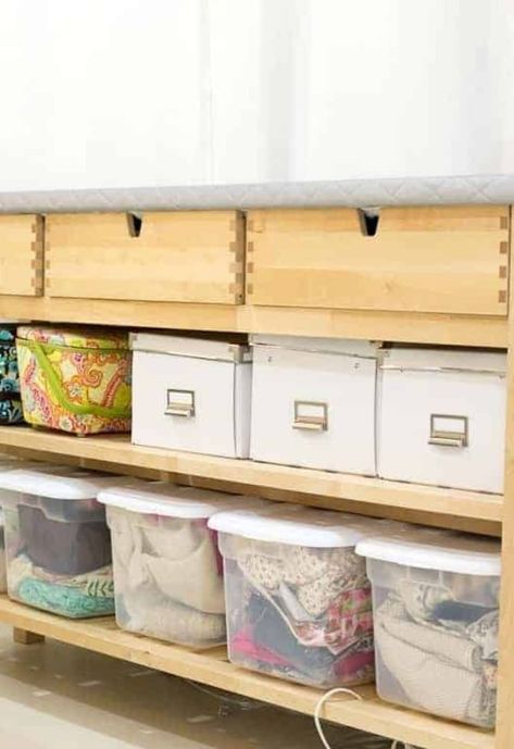 Ikea Sewing Room Ideas, Ikea Favorites, Ikea Sewing Rooms, Small Sewing Space, Ikea Cubbies, Sewing Room Ideas, Ikea Pegboard, Ikea Boxes, Craft Closet Organization