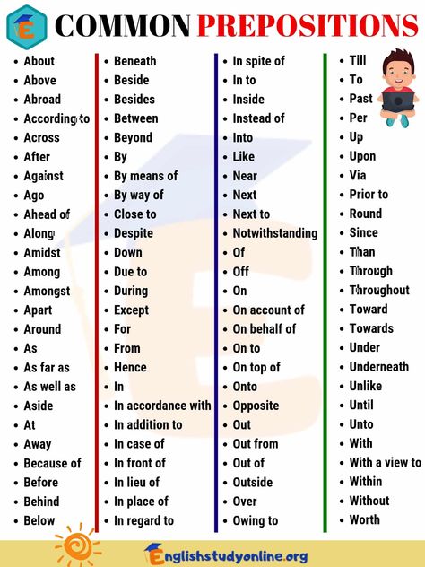 100 Most Common Prepositions List in English - English Study Online Easy Grammar, English Prepositions, Prepositional Phrases, Teaching English Grammar, English Phonics, English Verbs, Learn English Grammar, English Language Teaching, English Writing Skills