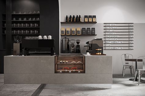 Coffee bar interior on Behance Coffee Bar Interior, Small Coffee Bar Ideas, Modern Coffee Bar, Small Coffee Bar, Home Coffee Bar Ideas, Cafe At Home, Nature Materials, Modern Coffee Shop, Coffee Bar Ideas