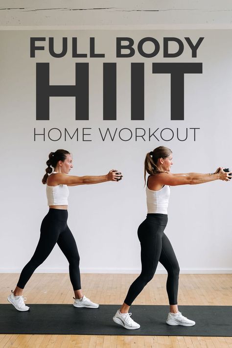 Get all the benefits of strength training and high intensity interval training in this 35-Minute Full Body HIIT workout for women! Nine full body HIIT exercises you can do at home with weights. Full body HIIT workouts are a great way to build muscle and improve your cardiovascular fitness at the same time! Burn fat and build strength with this advanced, full body HIIT workout for women. You only have to do each full body exercise twice, so grab your heavy dumbbells. 30 Min Tabata Workout, Fitness Workout For Women At Home Videos, Weighted Hiit Workouts, Full Body Moves With Weights, Hiit Workout For Women, Hitt Workout Full Body Gym, Combo Workout Moves Weights, Full Body Hiit Workouts Gym Weights, Full Body Exercises At Home For Women