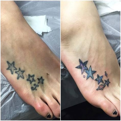 Star cover up on the right foot. Little Foot Tattoos, Tattoo Cover Ups, Cover Up Tattoos For Women, Cover Up Ideas, Toe Tattoos, Foot Tattoos For Women, Star Tattoo, Tattoo Cover Up, Up Tattoo