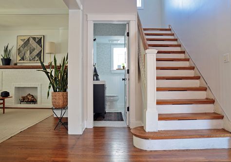 View this Best Bath Space - Amateurs entry in the 2018 Remodelista Considered Design Awards Under Stairwell Bathroom, Under Stairs Bathroom Full, Stairs With Bathroom Underneath, Half Bath Under Staircase, Bathroom Under The Stairs, Understairs Toilet, House Renovation Design, تحت الدرج, Bathroom Under Stairs