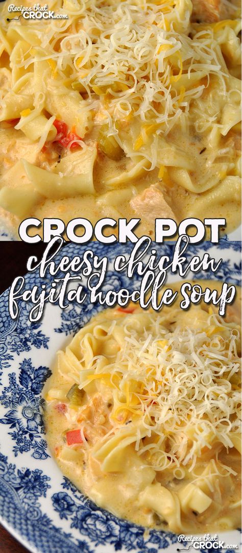 This Crock Pot Cheesy Chicken Fajita Noodle Soup is super easy to make and has a fabulous flavor that will have young and old alike singing it's praises! Cheesy Chicken Noodle Soup, Nanas Recipes, Crock Pot Cheesy Chicken, Cheesy Chicken Rice Casserole, Cheesy Chicken Rice, Crockpot Soups, Crockpot Chicken Breast, Chicken Crockpot Recipes Easy, Crockpot Ideas