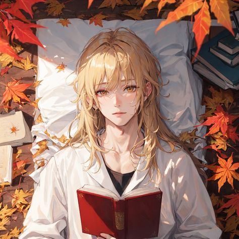 Boy, golden eyes, blonde, reading, maple leaves Blonde Hair Golden, Blonde Anime Boy, Blonde Anime, Blonde Kids, Blonde Hair Boy, Boy Hair, Anime Boy Hair, Men With Blonde Hair, Boy Anime