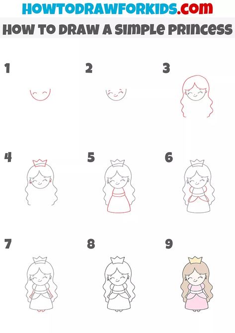 How to Draw a Simple Princess - Easy Drawing Tutorial For Kids How To Draw A Queen, Simple Princess Drawing, Cute Princess Drawings Easy, How To Draw A Princess, Princess Drawing For Kids, Princess Easy Drawing, Princess Drawings Easy, Bedroom Drawings, Princess Doodle