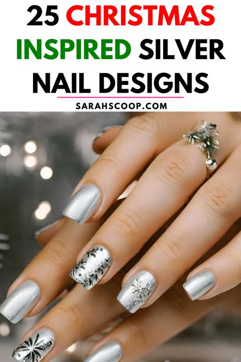 Get ready to sparkle in 2023! Here are 25 Stunning Silver Christmas Nail Designs that you're absolutely going to adore! Your nails will twinkle brighter than any Christmas light! 💅🎅#NailArtTrends2023 #SilverChristmasNails #FestiveManicures #NailIdeas #SilverNails Silver Christmas Nail Designs, Lights Nails, Grey Christmas Nails, Silver Sparkle Nails, Christmas Party Nails, Christmas Present Nails, Nails Stars, Nail Designs Christmas, Metallic Nails Design