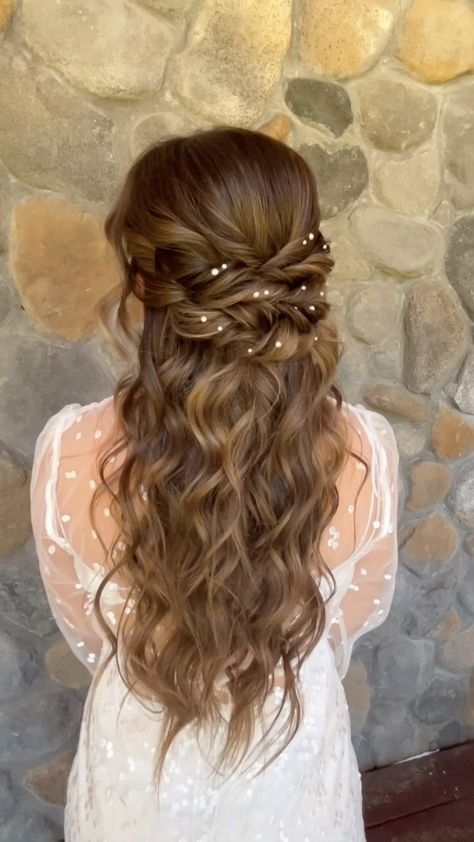 Monica Cottereau | BRIDAL HAIRSTYLES | These cutie pearl accents are included with any Bridal style 🩵 the pattern can be customized! Half-up hairstyles on Wedding Days will... | Instagram Wedding Hairstyles Half Up Half Down With Pearls, Bridal Hair Curls Half Up, Wedding Ideas Hairstyles, Boho Hair Bridal, Half Up Half Down Hair With Pins, Long Curly Wedding Hairstyles Down, Half Up Half Down Hairstyles Bride, Bridal Hair Accessories Half Up, Half Up Half Down Curls Wedding