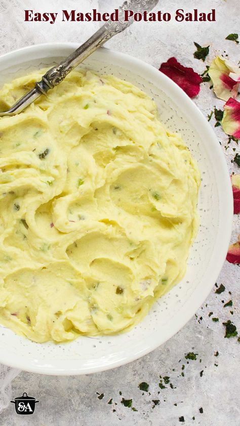 An overhead shot of Easy Mashed Potato Salad in a white serving bowl with a spoon. Mash Potato Salad Recipes, Instant Mashed Potato Salad, Mashed Potato Salad Recipe, Potluck Mashed Potatoes, Instant Mashed Potato Recipes, Boxed Mashed Potatoes, Mashed Potato Salad, Mashed Potatoes From Scratch, Cookout Recipes