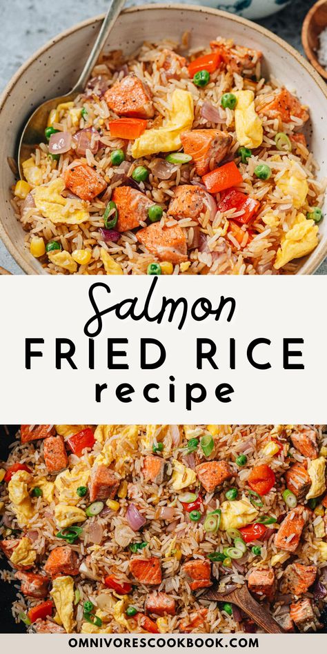 Try this simple Salmon Fried Rice recipe today! This fried rice dish is perfect for a quick weeknight dinner. Salmon, veggies, egg and rice make up this healthy one-pan dinner. Everyone in the family will love this Salmon Fried Rice dish! Salmon Egg Fried Rice, Best Rice With Salmon, Salmon And Rice Dinner Ideas, Seafood Fried Rice Recipes, Canned Salmon And Rice Recipes, Salmon Fried Rice Recipes, Asian Rice Dishes, Egg And Rice, Seafood Cravings