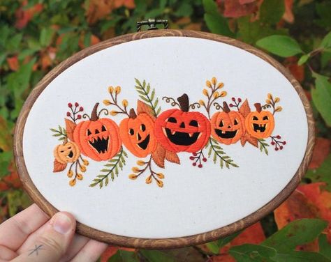 Brianna on Instagram: "Thank you all so much for the love on my pumpkin hoop! 🧡 I’m planning on listing the physical hoop for sale beginning of October at some point along with a few more hoops I want to work on. The pattern will be my October Patreon pattern, wait until October to sign up to get it! . . . #modernembroidery #fiberart #embroideryart #handstitched #stitchersofinstagram #dmcembroidery #michiganartist #bordados #halloween #pumpkins #jackolantern #embroiderypattern" Creepy Embroidery, Oval Embroidery Hoop, Embroidery Artists, Fall Embroidery Designs, Pdf Embroidery Pattern, Advanced Embroidery, Grandma's Garden, Embroidery Shoes, Types Of Stitches