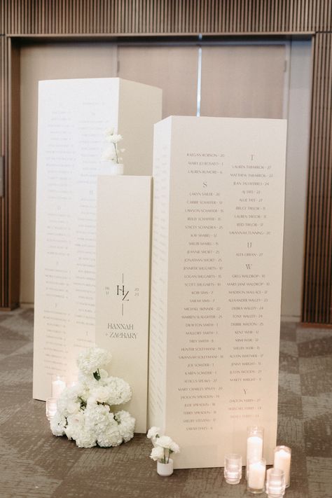 Guests loved that you could walk around this seating chart! Perfect statement piece for a large guest count! Column Seating, Ink Calligraphy, Country Music Hall Of Fame, Modern Wedding Venue, Wedding Entrance Decor, Ceremony Seating, Chalkboard Wedding, Music Hall, Wedding Mood Board