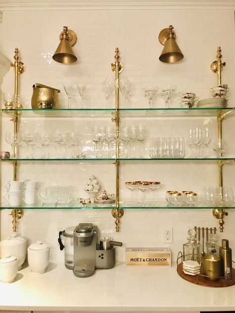 Glass bistro shelving French Bistro Coffee Bar, Paneled Kitchen, Bistro Shelves, Glass Bar Shelves, Spice Shelves, Bistro Shelving, Brass Shelving, Brass Shelves, Bar Shelves