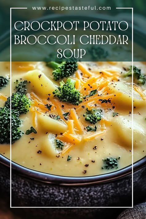 This creamy and comforting Crockpot Potato Broccoli Cheddar Soup is a delicious blend of tender potatoes, vibrant broccoli, and rich cheese. Perfect for busy days, this easy recipe allows you to enjoy a hearty meal with minimal effort! Potato Soup Broccoli, Crockpot Cheddar Broccoli Potato Soup, Creamy Broccoli Cheddar Soup Crock Pot, Slow Cooker Cream Of Broccoli Soup, Broccoli Cheddar Soup Frozen Broccoli, Crockpot Broccoli Potato Cheese Soup, Broccoli Recipes Crockpot, Crockpot Potato Broccoli Cheddar Soup, Broccoli Cheddar Soup Crock Pot