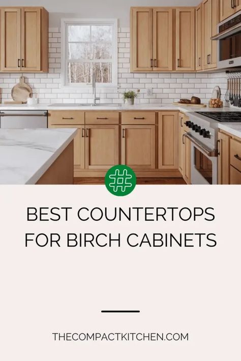 Birch Beauty: Choosing the Perfect Countertops for Your Cabinets - The Compact Kitchen Flooring With Birch Cabinets, Birch Kitchen Cabinets Natural, Birch Cabinets Kitchen Ideas, Natural Birch Cabinets, Birch Cabinets Kitchen, Birch Kitchen Cabinets, Best Countertops, Best Wall Colors, White Wood Kitchens