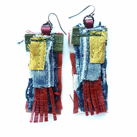 Textile Earrings Handmade, Fabric Scrap Earrings, Fiber Earrings, Textile Earrings, Fabric Flower Headbands, Denim Earrings, Fiber Art Jewelry, Denim Jewelry, Fabric Earrings