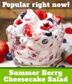 Summer Berry Cheesecake Salad. Use honey, cream, and vanilla (at bottom of recipe) instead of coffee creamer. Berry Cheesecake Salad, Cheesecake Fruit Salad, Cheesecake Salad, Banana Split Dessert, Banana Cheesecake, Fluff Desserts, The Slow Roasted Italian, Patriotic Desserts, Berry Cheesecake