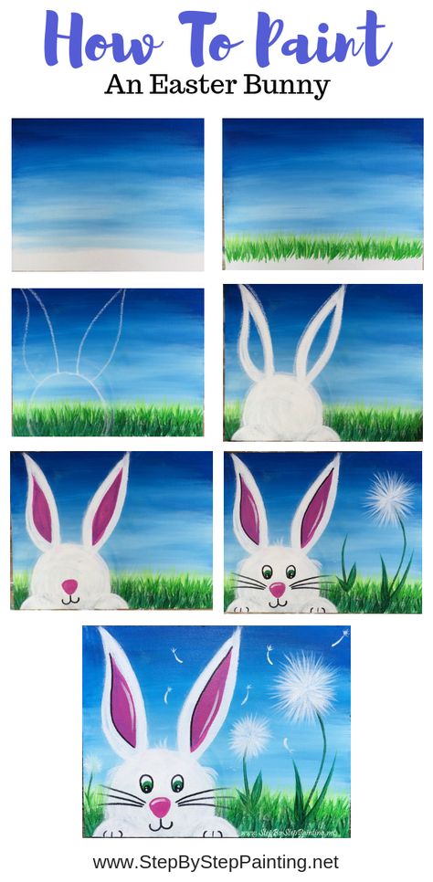 How To Paint An Easter Bunny - Step By Step Painting Easter Canvas Painting, Easter Canvas, Easter Paintings, Bunny Painting, Canvas Painting Tutorials, Easy Canvas Painting, Easter Art, Homeschool Art, Spring Painting