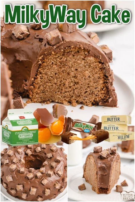 MILKY WAY CAKE - Butter with a Side of Bread Candy Bar Cake Recipes, Milky Way Candy, Milky Way Cake, Chocolate Bundt Cake Recipe, Candy Bar Cake, Peach Pound Cakes, Pound Cake Recipes Easy, Chocolate Bundt, Bundt Cake Recipe