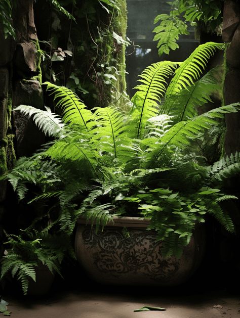 Zone 9 Container Garden Ideas: Lush Fern in Classical Stone Pot Herb Garden Boxes, Potted Ferns, Log Planter, Container Garden Ideas, Serene Garden, Ferns Garden, Tropical Backyard, Mediterranean Plants, Vegetable Garden Planning