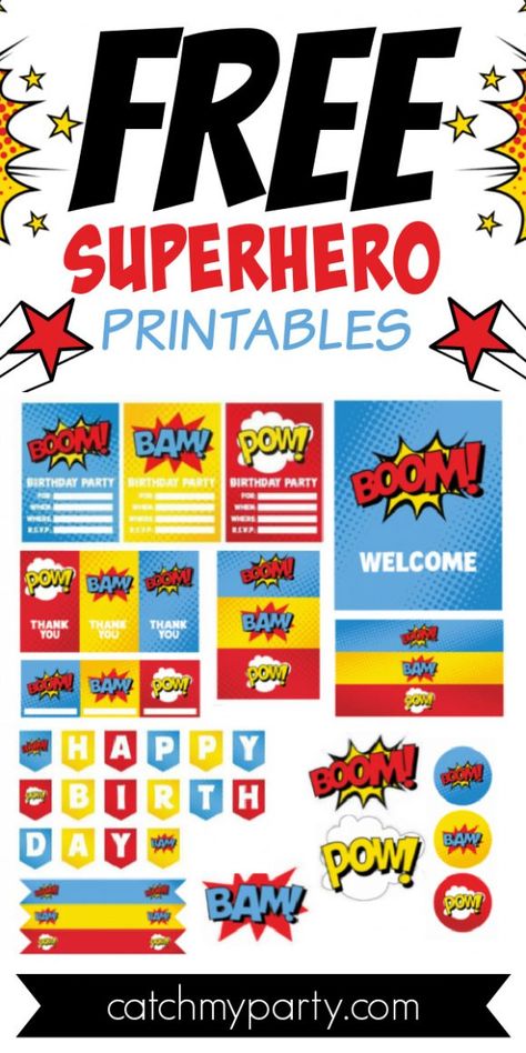 Superhero Birthday Party Printables Free, Superhero Party Food Labels, Marvel Free Printables, Marvel Printables Free, Superhero Birthday Party Decorations Free Printable, Free Avengers Printables, Superhero Park Birthday Party, Superhero Party Decorations Ideas, Superhero Party Printables Free