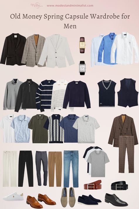 Old Money Spring Capsule Wardrobe for Men Easy Old Money Outfits Men, Stately Mens Outfits, Man Old Money Outfit, How To Dress Old Money Men, Casual Fall Mens Outfits, Guys Clothing Styles Old Money, Mens Old Money Capsule Wardrobe, Old Money Men Outfit Casual, Capsule Wardrobe 2024 Men