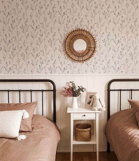 Minimal Floral Wallpaper, Floral Removable Wallpaper, Girls Room Wallpaper, Twin Beds, Girl’s Room, Wallpaper Accent Wall, Big Girl Rooms, Wallpaper Bedroom