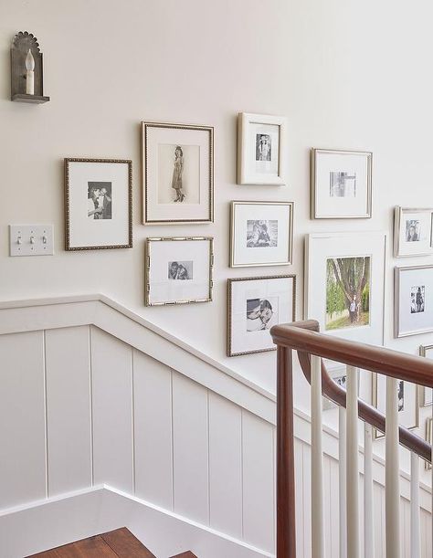 Shiplap Staircase Trim with Photo Wall - Cottage - Entrance/foyer Shiplap Staircase, تحت الدرج, Hallway Pictures, Hallway Gallery Wall, Stair Paneling, Narrow Hallway Decorating, Gallery Wall Layout, Family Photo Wall, Photo Deco