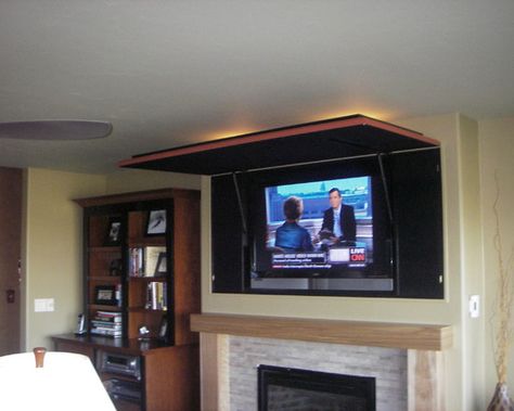 Hidden Flat Screen Tv Design, Pictures, Remodel, Decor and Ideas - Hide Tv Over Fireplace, Tv Cover Up, Tv Mantle, Shelves Around Tv, Hide Tv, Tv Over Fireplace, Living Room New York, Tv Ideas, Tv Lift