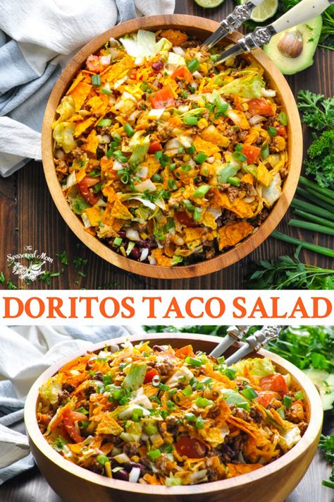 This Doritos Taco Salad is a classic taco salad recipe that's a perfect party food to feed a crowd! Loaded with ground beef, vegetables and chips, this easy dinner recipe is a family favorite! Food To Feed A Crowd, Doritos Taco Salad, Dorito Taco Salad, Dorito Taco Salad Recipe, Dorito Taco, Taco Salad Doritos, Salad Taco, Doritos Taco, Taco Salat