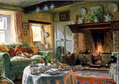 Tea time Stephen Darbishire, Cottage Drawings, Cozy Pictures, Gorgeous Fireplaces, Rustic Homes, English Cottages, Art Cottage, Interior Paintings, Creation Photo