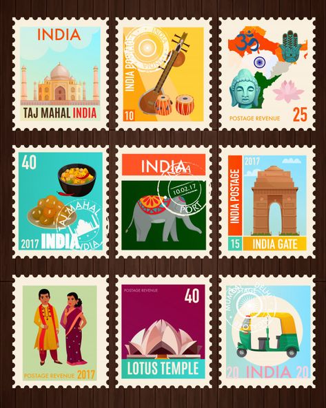 India stamp collection | Free Vector #Freepik #freevector #banner #travel #map #cartoon India Cartoon Illustrations, Indian Stamp Design, Indian Stamps Postage, India Postage Stamp, Indian Postal Stamps, Indian Stickers Printable, Post Stamp Illustration, Stamp Illustration Design, India Illustration Doodles