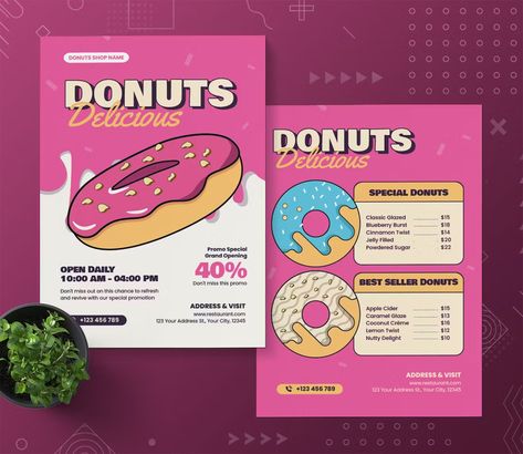 Donut Menu Design, Poster Donat, Donut Branding, Instagram Feed Theme Layout, Menu Sans Gluten, Halloween Deserts, Make A Flyer, Doughnut Shop, Cinnamon Twists