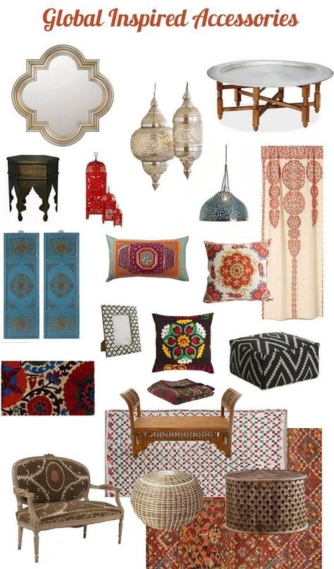 Travel abroad is inspiring for all of the sights, sounds, and flavors we experience, but it also has a dramatic impact on the way we decorate our homes.   Design elements from the east have influenced interior design over the decades, and internationally inspired accessories are again surging in popularity.   Global inspired textiles possess amazing hues [...] Dekorasi Maroko, Moroccan Room, Moroccan Inspiration, Moroccan Home Decor, Global Decor, Moroccan Homes, Moroccan Interiors, Decorating Advice, Interior Design Magazine