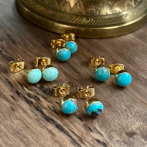 Turquoise Earrings Gold, Stone Jewelry Necklace, Turquoise Stud Earrings, Earrings Turquoise, Gemstone Studs, Genuine Turquoise, Everyday Earrings, Polish Jewelry, Turquoise Earrings