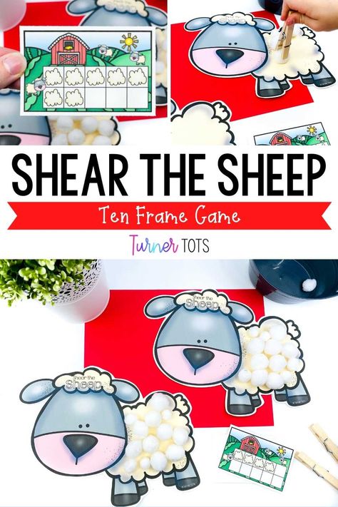 This shear the sheep activity is the perfect math game for your preschoolers to learn numbers and counting! This fun, ten frame game helps develop fine motor skills as toddlers pretend to shear the cotton balls off the sheep. As they play this sheep game for kids, they'll also learn about farm animals and life on the farm. It's a great farm math activity to teach them early math concepts in a hands-on, engaging way. Farm Math Activities, Turner Tots, Farm Math, Farm Activities Preschool, Number Activities Preschool, Preschool Math Centers, Preschool Farm, Farm Lessons, Farm Animals Activities