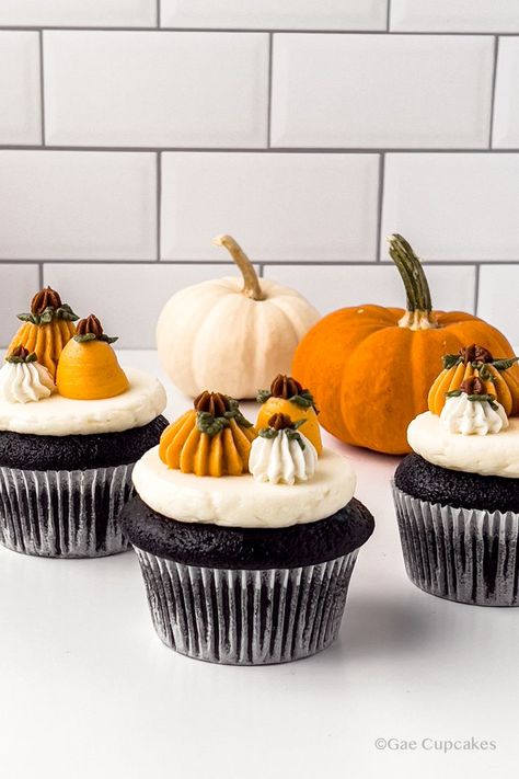 Chocolate cupcakes with assorted white and orange buttercream pumpkins on top. Two pumpkins are seen in the background. Fall Cupcake Ideas, Cupcake Decorating Ideas, Piping Tutorial, Buttercream Piping, Thanksgiving Cupcakes, Fall Cupcakes, Cupcake Decorating, Pumpkin Cupcakes, Piping Tips